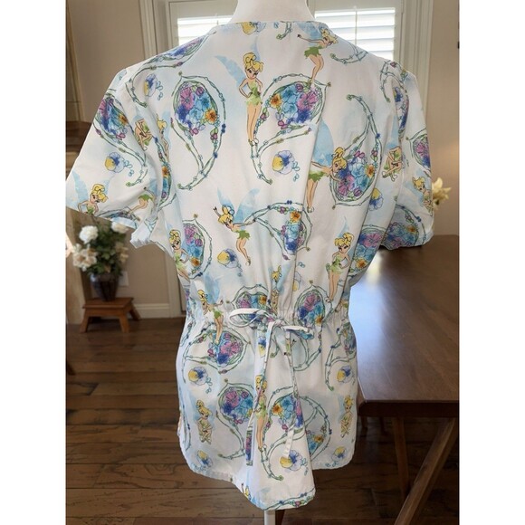 Disney Tinker Bell Scrub Top Women’s L Large White V-Neck Nurse Uniform Pockets - Picture 4 of 11